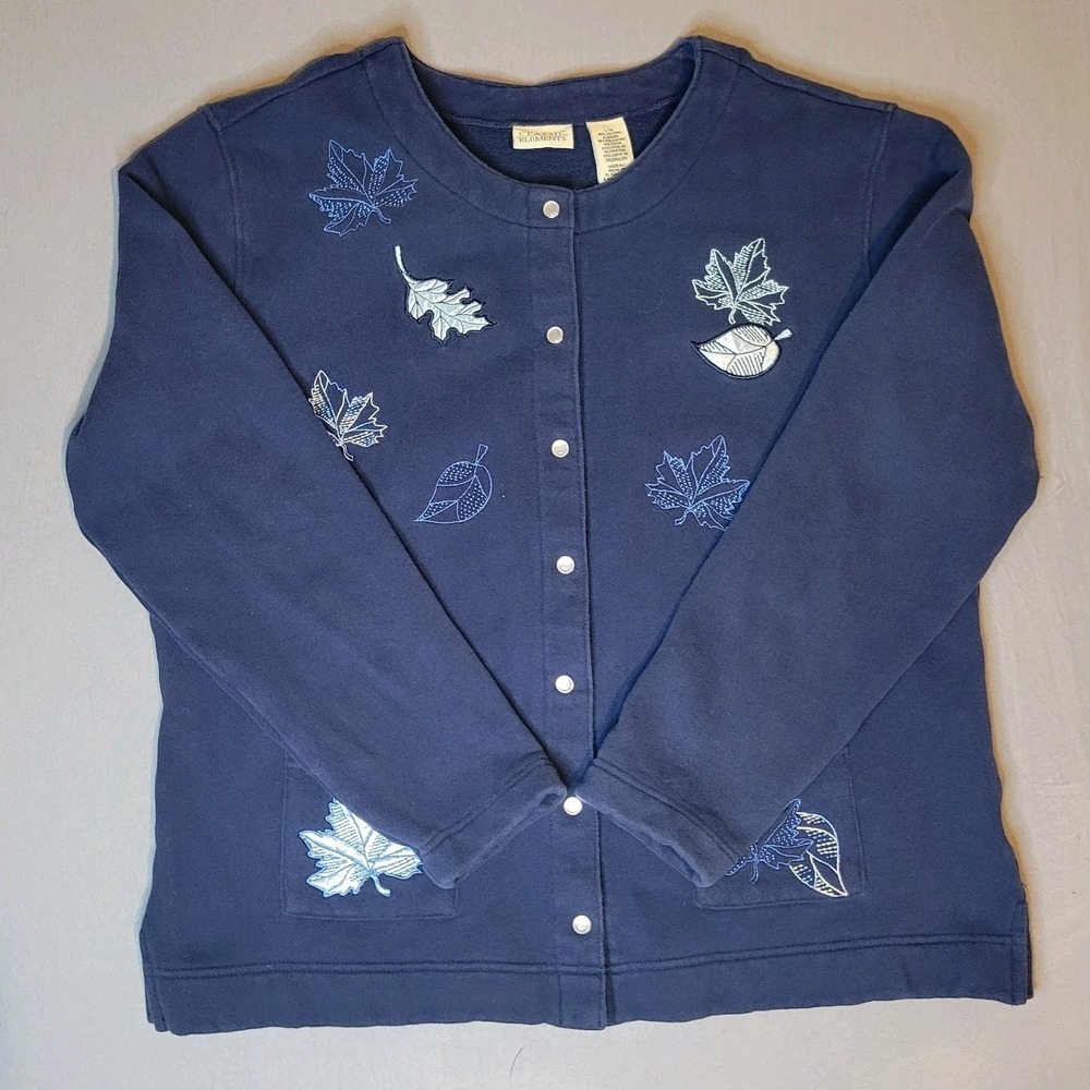 Classic Elements Pearl Snap Leaf Cardigan‎ Sweater Large - Blue - Fall